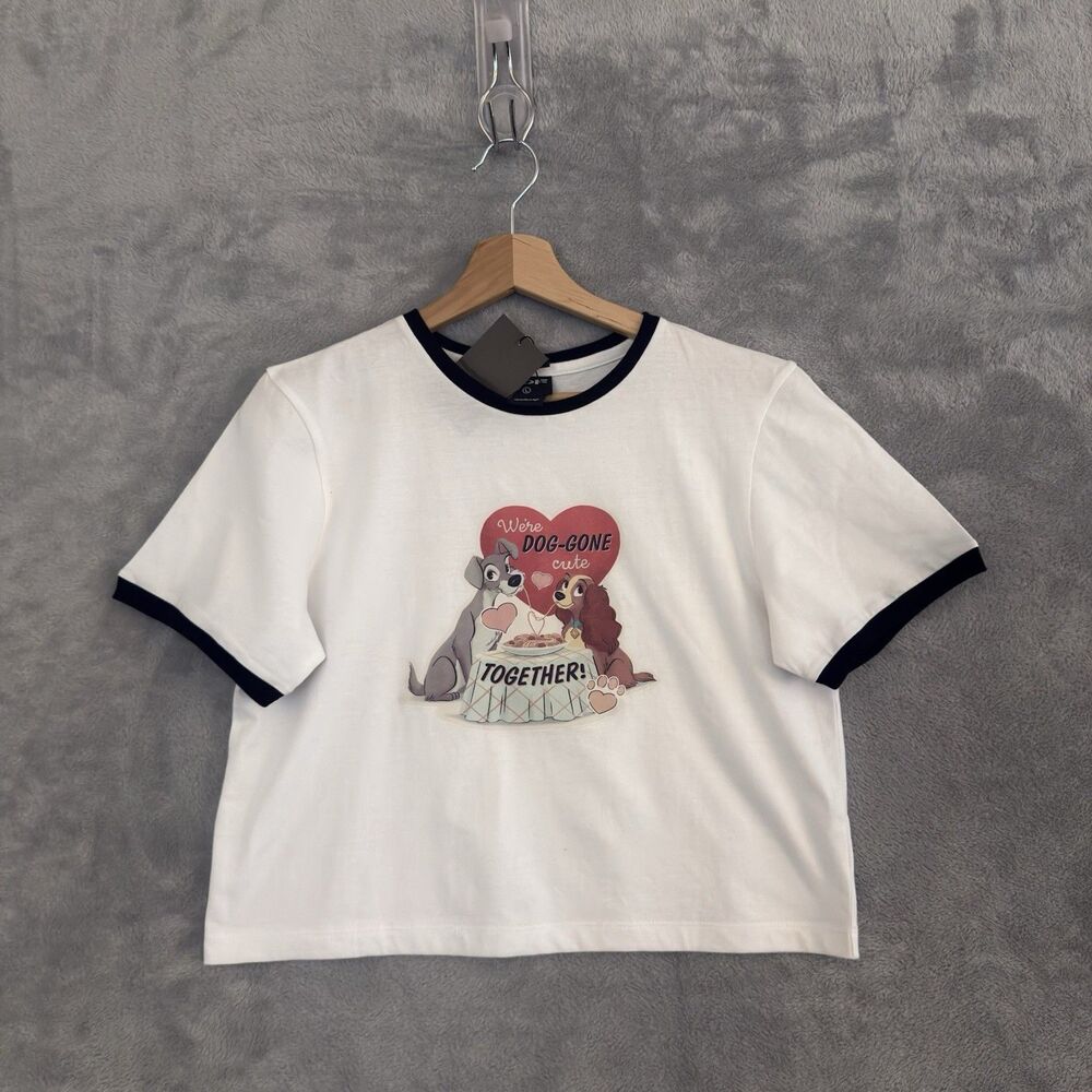 Disney Lady and the Tramp T Shirt Womens Large White Black Rib Trim NWT - Picture 2 of 8